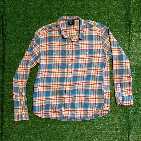 J CREW FLANNEL RED BLUE WHITE PLAID MENS CASUAL SHHIRT LONG SLEEVE SIZE XL - Picture 1 of 6